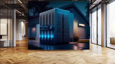 concept of a home battery energy storage system located in the garage of a modern family house in a futuristic blue light illuminating the evening atmosphere of a quiet street. 3d. Generative AI Wall mural