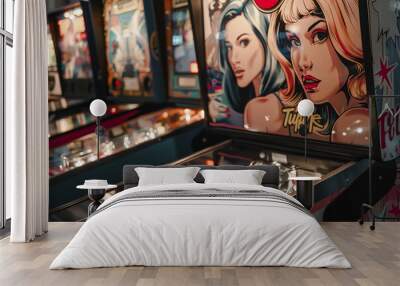 Brightly lit vintage pinball machine with glowing buttons and game lights

 Wall mural