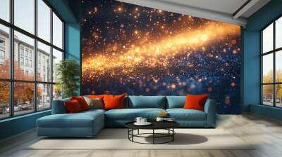 Golden particles swirling in dark space creating a dynamic abstract motion.
 Wall mural