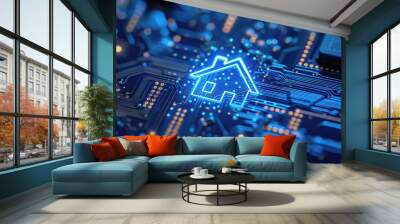 smart home concept with a glowing house on a circuit board, on a transparent background, ideal for t Wall mural