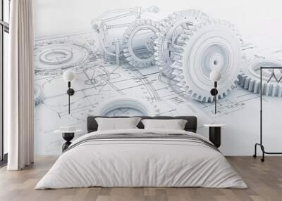 White mechanical gears displayed over technical blueprint in a monochromatic scheme.
 Wall mural