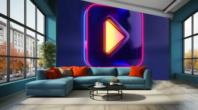 A digital play button glow in purple and blue neon light and on a dark background Wall mural