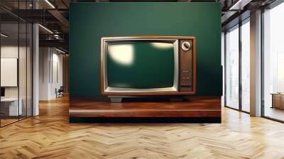 an old tv on display, in the style of dark green and dark beige Wall mural