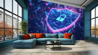 Digital shield with glowing lock icon symbolizing cybersecurity and protection Wall mural