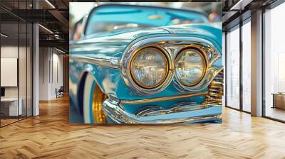 Shiny blue classic car with chrome details at vintage car show
 Wall mural