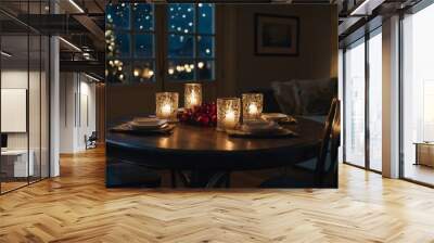 Designing a festive and cozy new year’s atmosphere at home where warm lighting, charming decorations, and inviting elements create a joyful celebration Wall mural