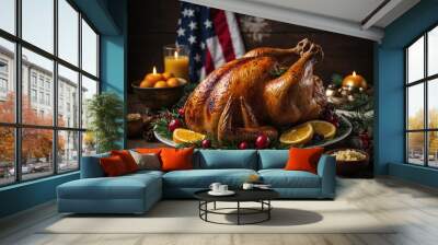 Juicy roasted turkey served with the flag Wall mural