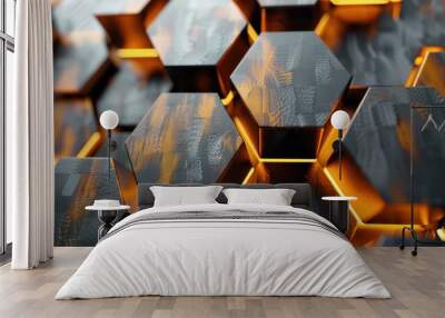 Abstract futuristic luxurious digital geometric technology hexagon background banner illustration 3d - Glowing gold, brown, gray and black hexagonal 3d shape texture wall Wall mural