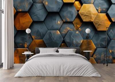 Abstract futuristic luxurious digital geometric technology hexagon background banner illustration 3d - Glowing gold, brown, gray and black hexagonal 3d shape texture wall Wall mural