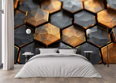 Abstract futuristic luxurious digital geometric technology hexagon background banner illustration 3d - Glowing gold, brown, gray and black hexagonal 3d shape texture wall Wall mural