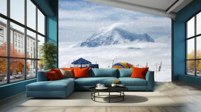 Expedition in Alaska, unrecognizable people. Location mt Denali, mt McKiley. Snow storm. Wall mural