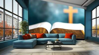 Close up of Open Holy Bible with blurred cross in the background, Religious text, Spirituality and faith concept Wall mural