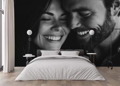 Smiling couple in close embrace, black and white portrait, joyful and intimate moment, happy couple with closed eyes, emotional and loving connection Wall mural