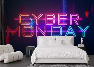 Vibrant Cyber Monday promotional banner featuring neon pink, red, and blue text on a dark tech-themed background, emphasizing the online shopping event Wall mural