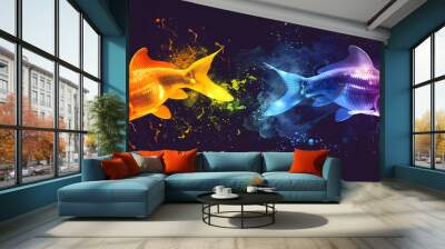 yellow and blue color fish swimming in the water on dark blue background, isolated, vivid, macro, close view Wall mural