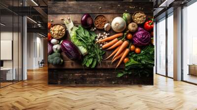 Fresh Vegetables on Wooden Background Healthy Vegetarian Food Concept. Wall mural