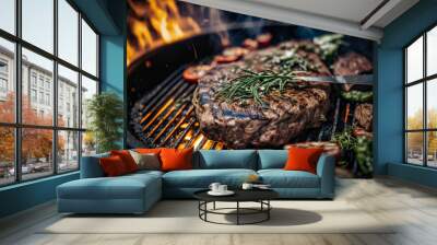 Grilled steak meat on a barbecue party in garden summertime and food concept. Wall mural