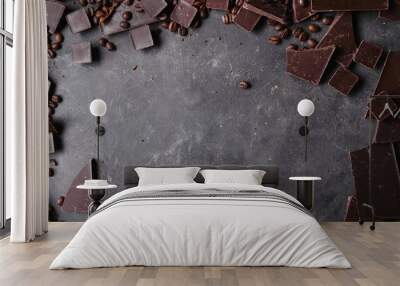 Coffee beans and dark chocolate. Chocolate bar . Background with chocolate. Coffee beans.  A large bar of chocolate on gray abstract background. Wall mural