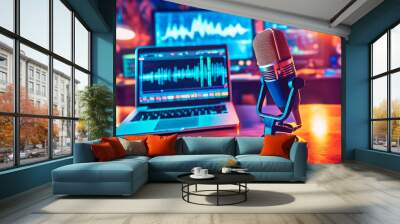 Podcast equipment: microphone and laptop Wall mural