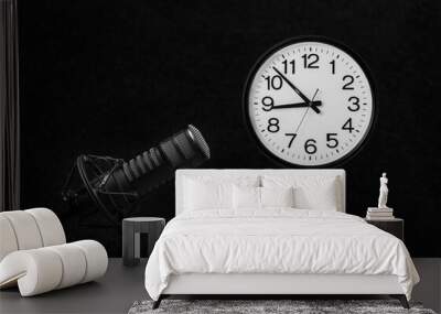 professional microphone and clock on the wall of sound studio Wall mural