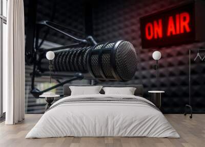 Professional microphone in radio station studio on air Wall mural