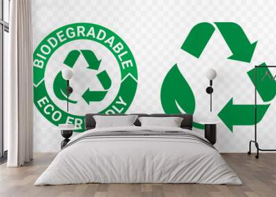 Biodegradable recyclable icons, organic bio package vector leaf and arrow label. Plastic free, eco safe recyclable and bio degradable package stamps Wall mural