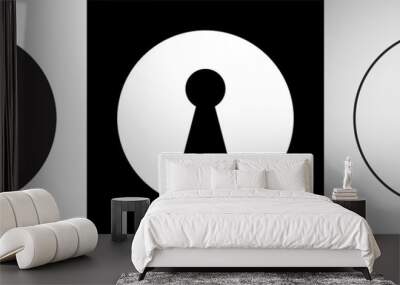 Keyhole vector isolated icons. Door key hole with light glow silhouette and outline in circle signs Wall mural