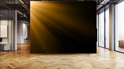 Light ray or sun beam vector background. Abstract gold light sparkle flash spotlight backdrop with golden sunlight shine on black background Wall mural