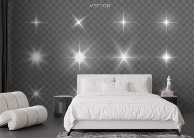 Star shines and light glow sparks, vector bright flare sparkles. Star flash effect on transparent background, isolated sun starlight and shiny lens rays set Wall mural