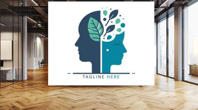 Brain tree leaf nature wtih minimalist style. Fresh mind logo concept. Brain With leaf Logo. Mental health awareness. two people with a fresh mind Wall mural