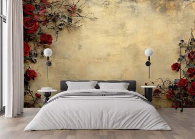 Dark red roses and vines on the left side of a grunge-textured old wall, forming a vintage floral background with plenty of empty space. Wall mural