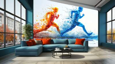 A dynamic watercolor painting of two runners in a race, their silhouettes rendered in blue and orange, symbolizing competition and the pursuit of victory. Generated by AI. Wall mural