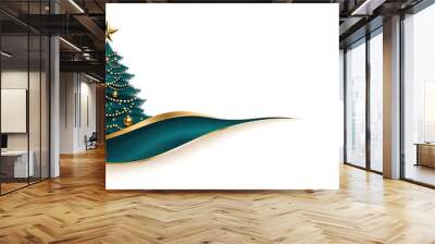 A festive Christmas tree with golden ornaments is set against a white background with a teal and gold wave. Generated with AI. Wall mural