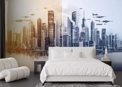 A futuristic cityscape with flying vehicles is presented in split screen with warm and cool tones Generated with AI Wall mural