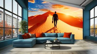 A lone businessman, dressed in a suit, walks uphill on a sand dune in the desert, with a briefcase in his hand, under the golden light of the setting sun. . Generated AI Wall mural