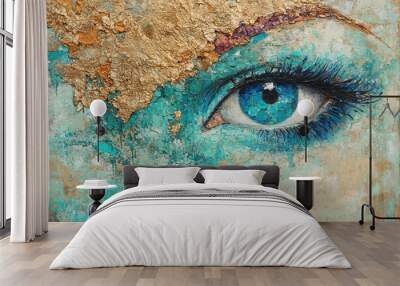 A painting of a blue eye on a textured background with gold leaf accents generated with AI Wall mural