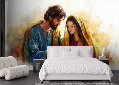 A tender watercolor painting depicts the Holy Family, Mary and Joseph gazing lovingly at their newborn baby Jesus, who sleeps peacefully in a manger bed. Generated with AI. Wall mural