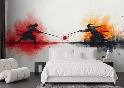 A watercolor painting of two samurai warriors facing off in a duel, with a splash of blood in the center. Generated with AI. Wall mural