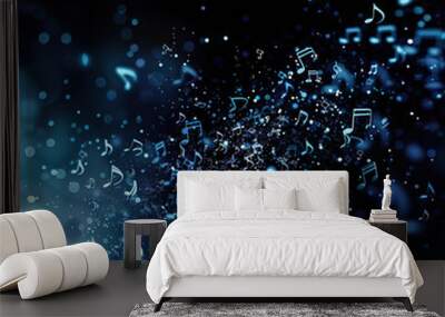 Blue music notes floating on a dark background with bokeh effect. Generated by AI Wall mural