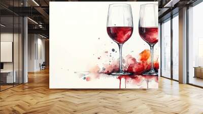 Watercolor painting of two glasses of red wine on a white background with red, orange, and black splatters. Generated by AI. Wall mural