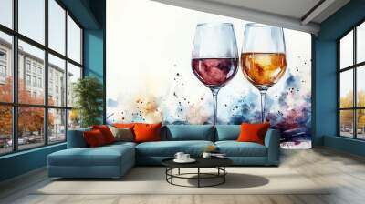 Watercolor painting of two glasses of wine, one white and one red, with an abstract watercolor background. Generated by AI. Wall mural