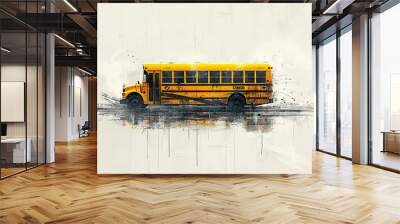 Yellow school bus with black lines, white background and reflections. Generated by AI. Wall mural