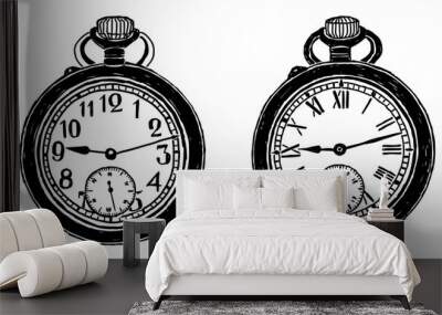 Old pocket watch drawings,black and white vector illustration isolated on white Wall mural