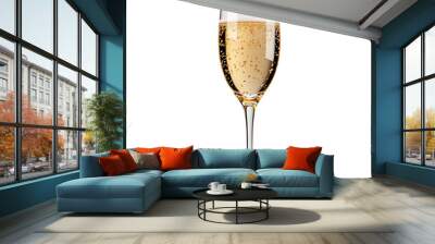 A luxurious champagne flute, with bubbles rising, elegant 3D render, light gold and white tones, isolated on white background.  Wall mural