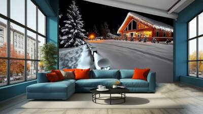 Enchanting winter wonderland with snow-covered trees and a cozy cabin, black and white, line art, snowy, serene, holiday, frosty ::1.2 sledding, ice skates, snowflakes, hot cocoa, twinkling Wall mural