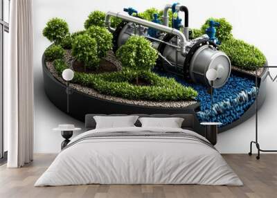 Innovative water treatment system showcasing lush greenery and advanced technology in a sustainable design. Wall mural