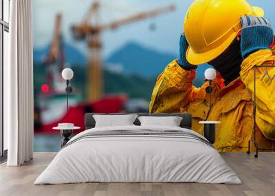 worker in yellow raincoat and hard hat adjusts his helmet near cranes and boats. scene conveys sense of diligence and safety in maritime environment Wall mural