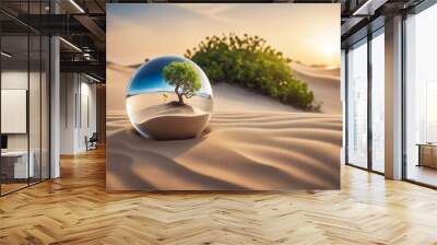 a glass ball with a tree inside on the sand of the dune Wall mural