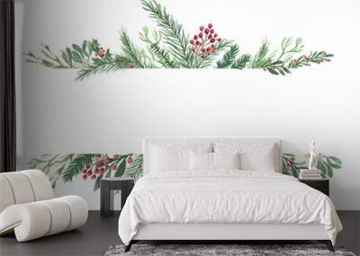 Watercolor Winter Christmas bouquet with foliage, flowers, and berries Wall mural