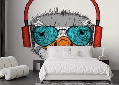 Portrait of an ostrich in headphones. Can be used for printing on T-shirts, flyers, etc. Vector illustration Wall mural